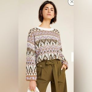 Anthropologie Fabiana Knit Fair Isle Wool Chunky Boxy Sweater Purple Size Small